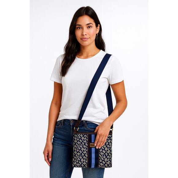 Tommy Hilfiger Crossbody Bag Blue Geometric Stripe Adj Strap Gift under $50 - Picture 1 of 6